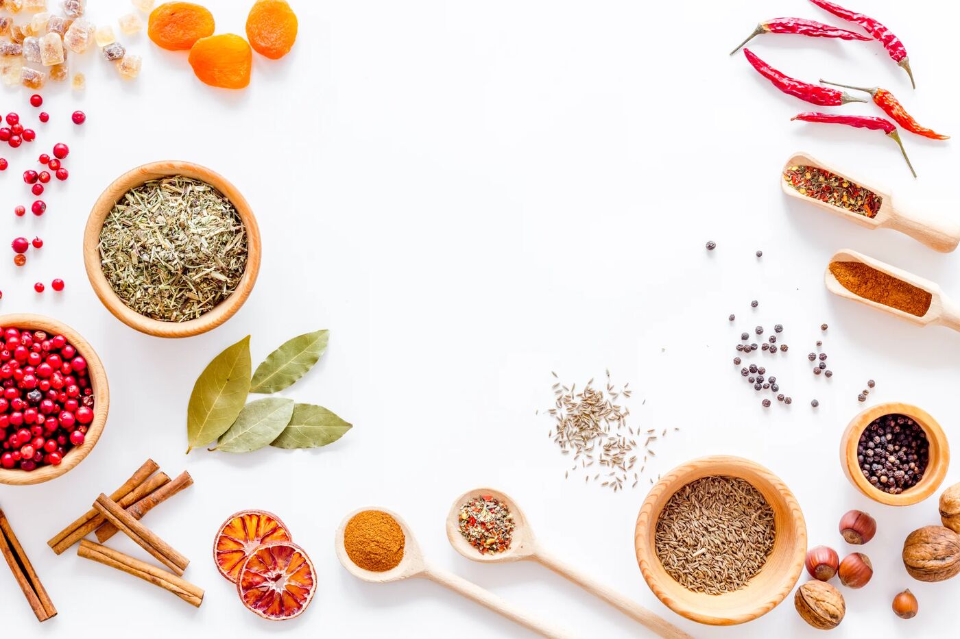 Fresh spices arranged on white background